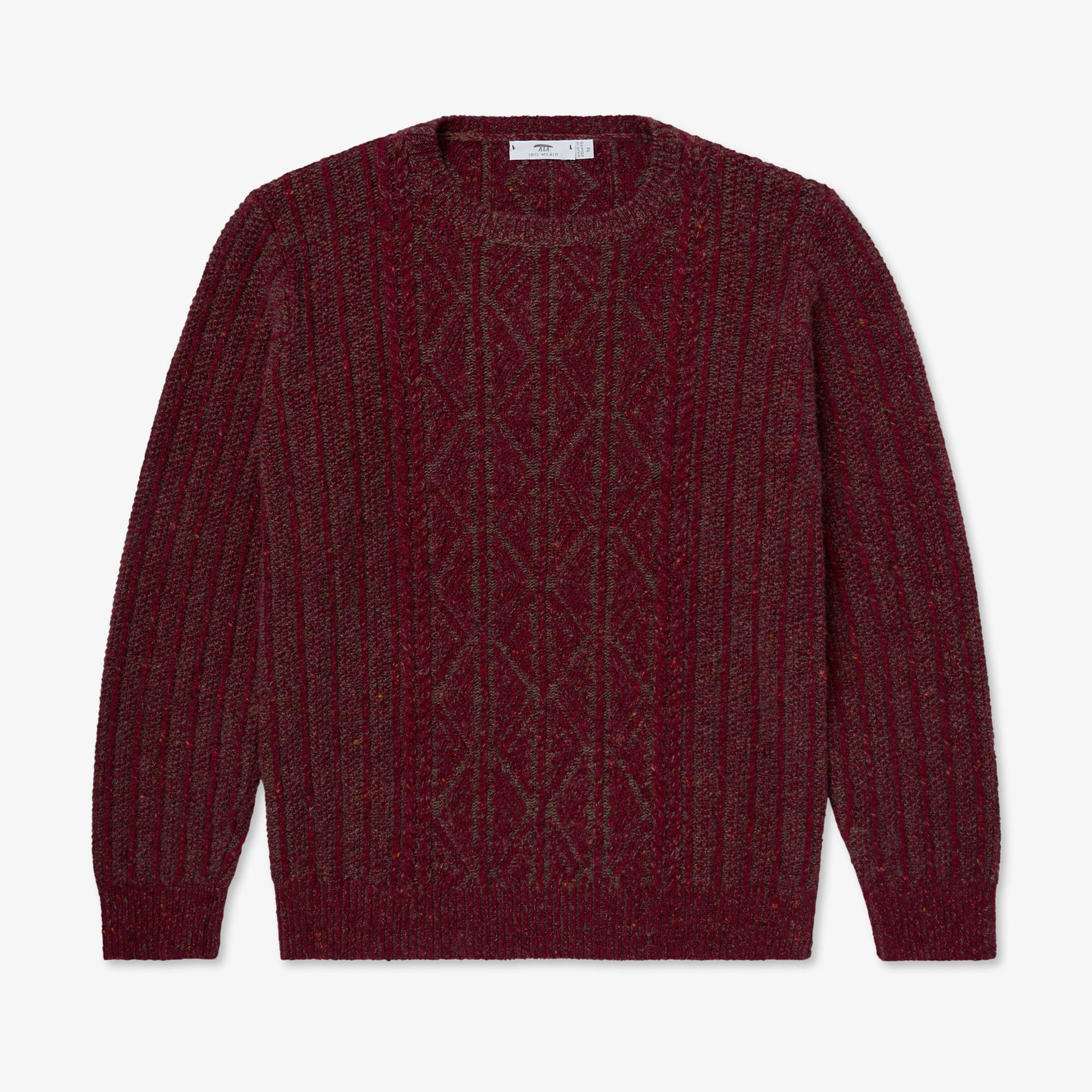 https://inismeain.ie/wp-content/uploads/2023/09/A2320_Inis_Meain_Cashmere_Patented_Aran_Sweater_Red_Mix_1x1_Product_1.jpg